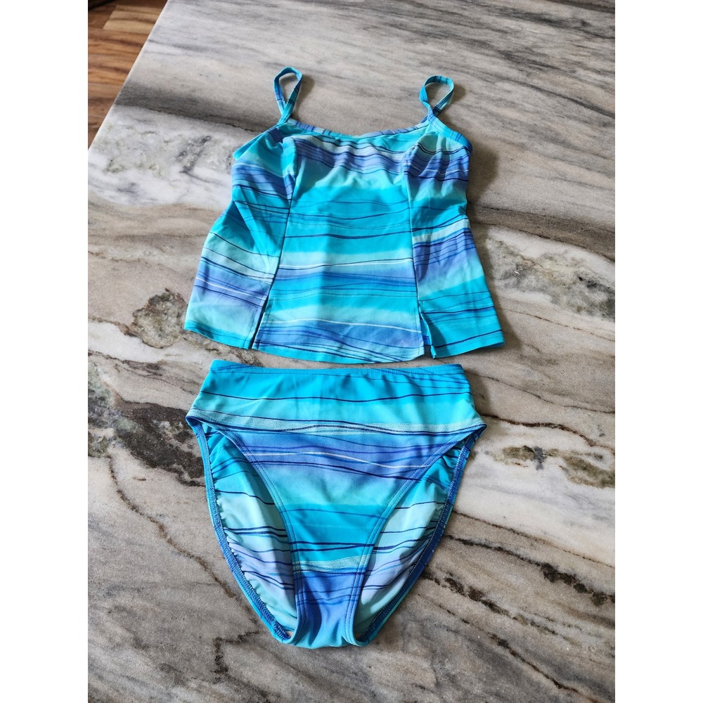 Vintage‎ Y2K Blue Striped Tankini Set High Waisted Two Piece Swimsuit